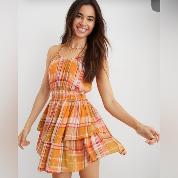 NWT Aerie Plaid Ruffle Halter Mini Dress Size Small Spring Plaid with Gold Dots. - Picture 1 of 12